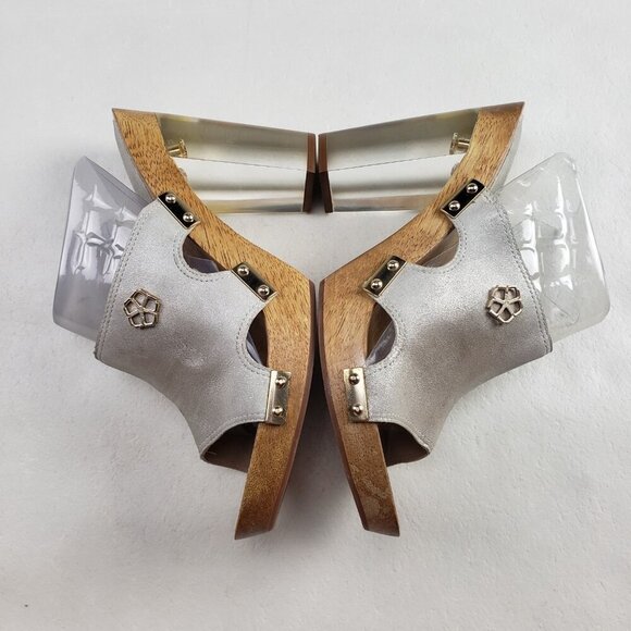 Trina Turk Palm Springs Lucite Heel Womens 9 Silver Wooden Slip On Platform Shoe - Picture 7 of 13